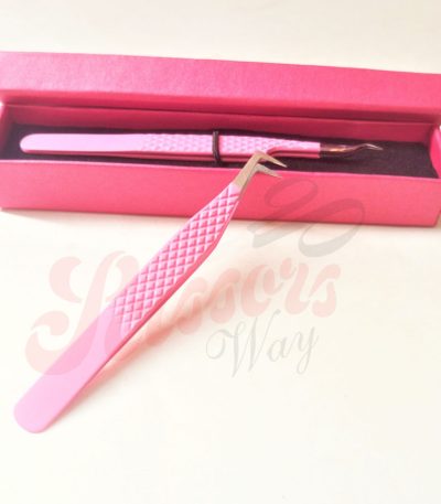 Fiber Tip Lash Tweezers L Shape Baby Pink Color With Box Packaging