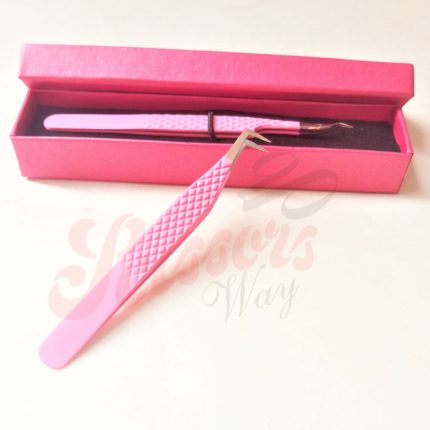 Fiber Tip Lash Tweezers L Shape Baby Pink Color With Box Packaging