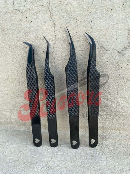 Volume Eyelash Tweezers Set Plasma Black With Heart Design On Bottom Best Quality Tweezer Vendor.